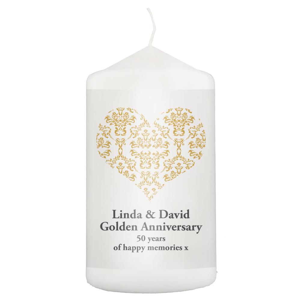 Personalised Gold Damask Heart Pillar Candle £11.69